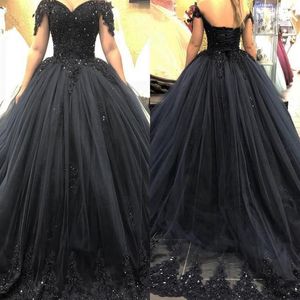 Black Ball Gown Wedding Dresses Plus Size Off Shoulder Lace Appliques 2021 Arabic Gothic Bridal Gowns Sequins Puff Vestidos De Fie242T