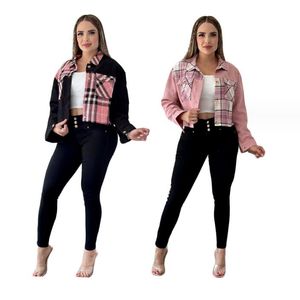 Europejskie kurtki dla kobiet jesienne nowe Corduroy Ladies Plaid Patchwork Casual Płaszcz