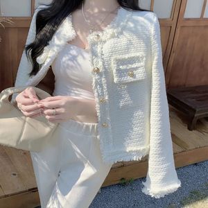 Women's Jackets Lucyever Korean Fashion Plaid Tweed Jacket Women White Round Neck Cropped Tassel Coat Autumn Single Breasted Office Lady Outwear 230919