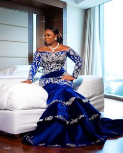 African Traditional Royal Blue Prom Dresses Mor Beaded Veet Plus Size Long Sleeves For Aso Ebi Women Formal Ocn Gowns