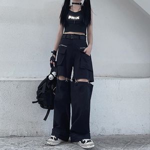 Kvinnors byxor S Deeptown Gothic Techwear Emo Black Cargo Pant Punk Oversize Hollow Out Wide Ben Pocket Byxor för kvinnlig Goth Hip Hop 230919