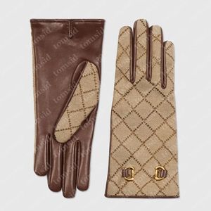 Kvinnors designer handskar fulla brev vinter lyxiga modhandskar guld spänne varm ull foder äkta läderhandskar