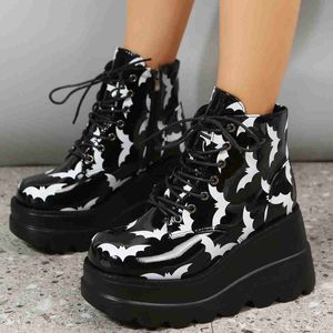 Boots New Design Platform Gothic Ankle Booties Women Lace Up Bat Motorcycle Boots Casual Autumn Winter Halloween Shoes Plus Size 43 J230919