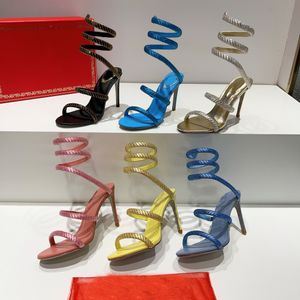 RENE Caovilla Sandals Designers Sapatos Serpentina Cristal Stromestone Twining Foot Ring de 10 cm de altura Partido feminino Sandália de designer de estilista de estilista