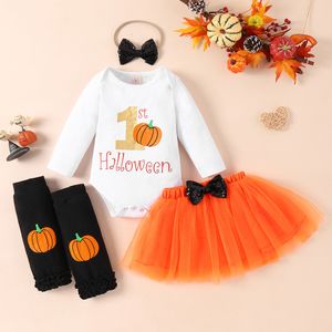 Kläderuppsättningar LAPA 612m Baby Girl My First Halloween Romper Set Fall Infant Pumpkin Print ROMPERNET GASE KIRTHEADBANDFOOT COVER 4PCS 230919