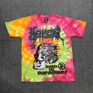 T-shirty męskie krawat piekielnie bar barwiony szkielet graffiti przednie i tylny druk ciężki rzemieślnik Cotton High Street 1 1 duże męskie i damskie top T-SHI T230919