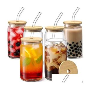 Hip Flasks Us Ca Stock 16Oz Sublimation Glass Beer Mugs With Bamboo Lid St Tumblers Diy Blanks Frosted Clear Can Cups Heat Transfer Dhoc0