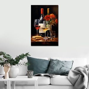 Wine and Glass Still Life Oil Painting Picture Print on Canvas Realistic Poster for Dinning Kitchen Room Wall Decor