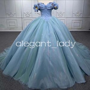 Cinderella Sky Blue Quinceanera 드레스 3D 나비 오프 어깨 레이스 업 코르셋 멍청이 Debutante Para 15 Anos Princesa