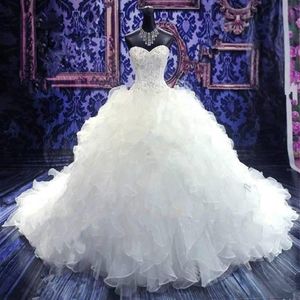 Glamorös puffy bollklänning bröllopsklänningar kristalllagda ruffles organza brudklänningar prinsessa älskling bröllop klänning vestido de 258u