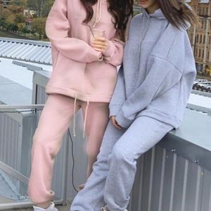 Kadınların Trailsits Trailtsuit Kadınlar Uzun Kollu Büyük Cep Çizme Yem Hem Düz Renk Kapşonlu Sweatshirt Pantole Topluluğu Jogging Femme Chandals Mujer 230919