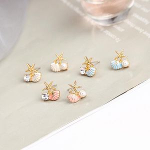 Studörhängen Fashion Starfish Shell For Women Asymmetric Imitation Pearl Zircon Alloy Earring Summer Beach smycken Tillbehör