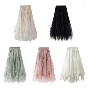 Skirts Womens Autumn A-Line Elastic Waist Layered Tulle Midi Long Skirt Formal High Low Asymmetrical Ruffle Mesh Tutu Drop