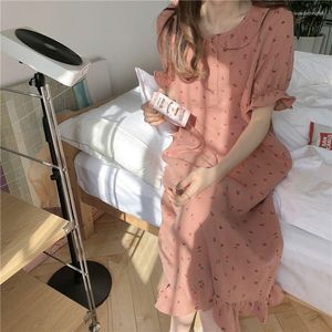 Kvinnors sömnkläder körsbärtryck kvinnor sommar koreansk stil nattklänning nattklänning nattkläder hemkläder rufsar kronblad kort ärm pyjamas