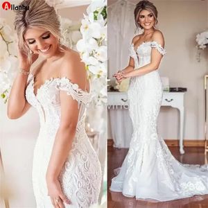 2022 Designer Abito da sposa in pizzo Plus Size Sirena Abiti da sposa Vintage Appliqued al largo della spalla Abiti da matrimonio sexy Lady Arab229k