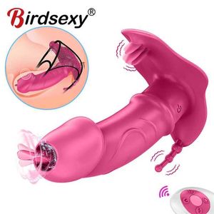 Bärbar trosdildo vibrator sex för kvinna osynlig slitage klitoris stimulator trådlös fjärr tunga slickande vibratorer