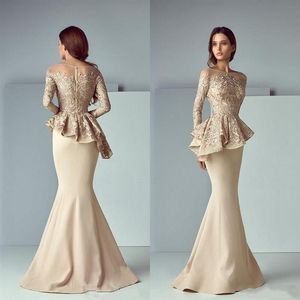 Champagne Mermaid Peplum Prom Dresses Jewel Neck Illusion Long Sleeves Lace Applique Zipper Back Party Evening Morther of Bride Go2124