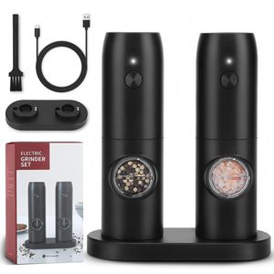 Mills Electric Automatic Salt and Pepper Grinder set USB充電式バッテリー駆動型調整可能な粗さスパイスミルLED 230918