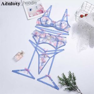 Bras Sets Aduloty Women Hollow Out Seductive Underwear Blue Embroidery Flowers Bra Thong Garters 3 PS Summer Sexy Erotic Lingerie Set 211104 L230919