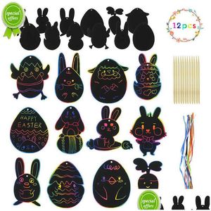 Outra organização de limpeza 12pcs Páscoa Magic Scratch Art DIY Pintura Artesanato Crianças Presente Ovos Coelho Pintinho Pendurado Ornamentos De Dhiip