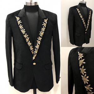 Goldapplikationen Bräutigam tragen Männer Hochzeits-Smoking Jacke mit spitzem Revers 1-teiliger Business-Anzug-Blazer
