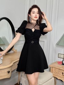 Casual Dresses Summer Women Mini Dress Fashion Trendy Sexy Design Black Sheer Mesh Hollow Puff Short Sleeve Button A-line Gown Party