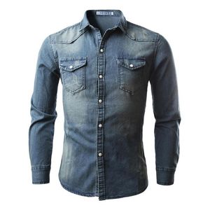 2018 Modieuze Stijl Heren Jeans Shirts Casual Slim Fit Stijlvolle Lange Mouw Gewassen Mannelijke Effen Denim Shirts Tops284q