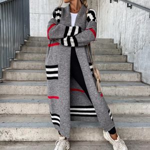 Kvinnors stickor Tees S 2023 Spring Sticked Cardigan Women randig lapptäcke Autumn Winter Elegant Long Outterwear Maxi Y2K Sweater Coat Soft Jacket 230918