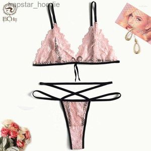 BRAS SETTS BRAS SETS Leechee Sexig underkläder Set Women Fashion Pink Two-Piece Suspender Backless Seugh-Through spets Underwear Panties Erotic Sex Costume L230919