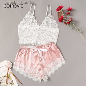 Zestawy biustonoszy Colrovie Floral Lace Cami Top z satynowymi szortami