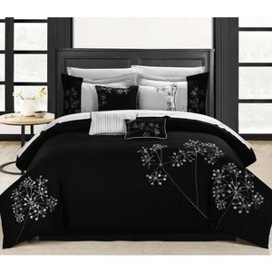 Bettwäsche-Sets Petunia 8-teiliges Bett-in-einer-Taschen-Bettdeckenset mit besticktem Blumenmuster, Schwarz 230919