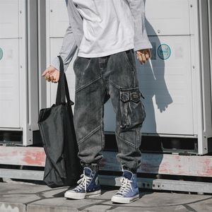 Japanska mode män jeans löst fit svart grå stor ficklastbyxor vintage designer streetwear hip jeans män joggers279y