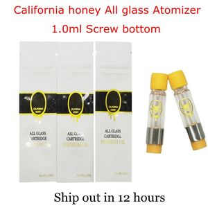 California Honey 1.0ml Carts All Glass Cartridge Empty Disposable Vape pen Worked Scannable Mylar Bag Vaping Packaging Screw Bottom Atomizer