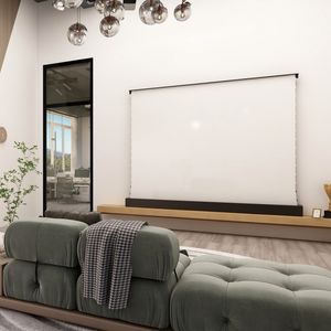 Inteligent White Cinema Electric Floor Up Projector Screen with Smart Voice Control Remote Control Moblie APP Control  Trigger