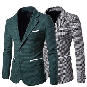 Casual Plaid Print Men Blazer Fashion Long Sleeve Wedding Dress Coat Autumn White Social Business Mens Jacket254m