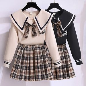 Kläder sätter Korea School Uniform Autumn Blus Shirt med fluga Hög midja veckad kjol 2st japansk stil student kjol jk dräkter 230918