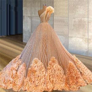 Luxury Champagne Prom Dresses One Shoulder Gorgeous Ruffles Bling Sequins Evening Dress Couture Dubai Arabic Celebrity Gowns Vesti213h