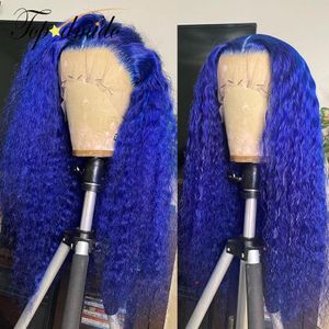 Cabelo brasileiro cor azul encaracolado perucas de cabelo humano com linha fina preplucked sem cola peruca dianteira do laço sintético perucas de fechamento do laço