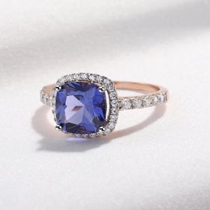 Anéis de casamento YEZOXA Almofada Corte Criado Tanzanite 925 Sterling Silver 14K Rose Gold Plating Anel de Halo para Mulheres Tamanho 6 7 8 230920