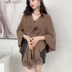 Women's Cape 2022 New Autumn Women irregular Knitted Sweater Shawl With Faux Fur Pom pom Cashmere Sweater Cape Female Winter Pashmina Wraps L230920