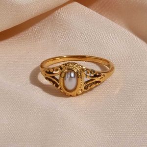 Band Rings Band Rings 2023 Thin 18K Gold Plated Hollow Texture Natural Freshwater Pearl For Women Stainless Steel Tarnish Free Ring 230816 x0920