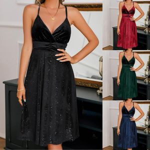 Casual Dresses Women Suspenders V Neck Fashion Dress Gold Velvet midjan innan du gifter sig sexig kväll