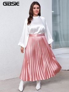 Plus size vestidos gibsie tamanho mulheres duas peças conjunto primavera outono mock neck lanterna manga top e saias longas plissadas elegantes senhoras de escritório conjuntos 230919