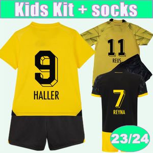 2023 24 HAZARD Kids Kit Futebol Jerseys Cup Jersey Reus Haaland Brandt Hummels Home Amarelo Away Criança Terno Camisas de Futebol Uniformes de Manga Curta