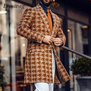 Män blandar Houndstooth Midi Coats Men vintage Lapel Double Breasted Woolen Blazers Office Formell kostym Jacka Winter Windbreaker Trench 230920