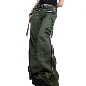 Jeans femininos designer moda luxo top qualidade jeans y2k grunge verde zíper bandagem cintura baixa calças de carga gótico punk baggy retro kawaii calças mulheres coreano