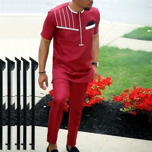 HD African Men kläder passar kort ärm t -skjorta byxor set traditionell klädsel vit broderi röd camisa africana masculina232o