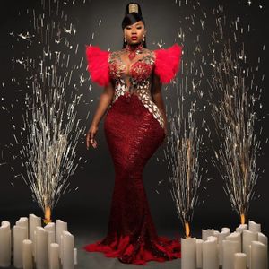 Unique Red Sequins Mermaid Prom Dresses With Feathers High Neck Aso Ebi African Women Bridal Party Dress Plus Size Evening Gown 322