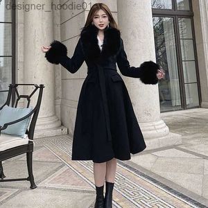 Damen Wollmischungen Schwarzer Pelzkragen Warme Wollmäntel für Frauen Lose schlanke neue Winter-Taille Wolljacken Kleid Luxus langer Kaschmirmantel weiblich L230920