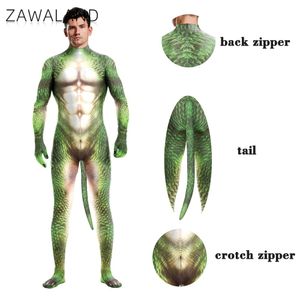 Catsuit Costumes Zawaland Men 3D Crocodile Texture Printed Animal Cosplay Costume Bodysuit with Tail Crotch Zipper Jumpsuits Catsuit Zentai Suits